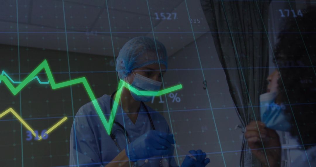 Medical Professional Analyzing Data with Healthcare Indicator Overlay