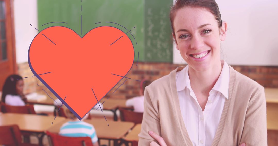 Smiling Teacher in Classroom with Heart Symbol Concept