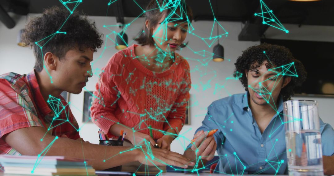 Diverse Office Team Marking Documents with Digital Network Overlay