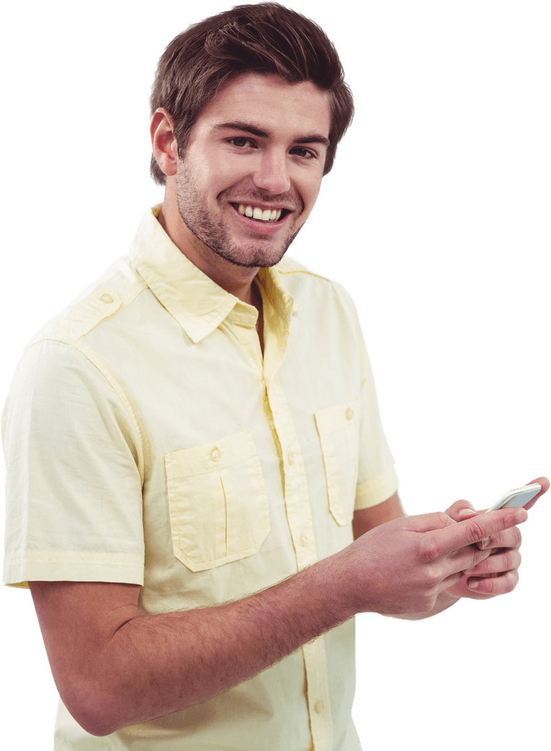 Smiling Millennial Businessman Using Smartphone on Transparent Background