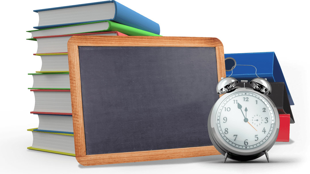 Stacked Schoolbooks with Chalkboard and Alarm Clock Transparent Educational Concept