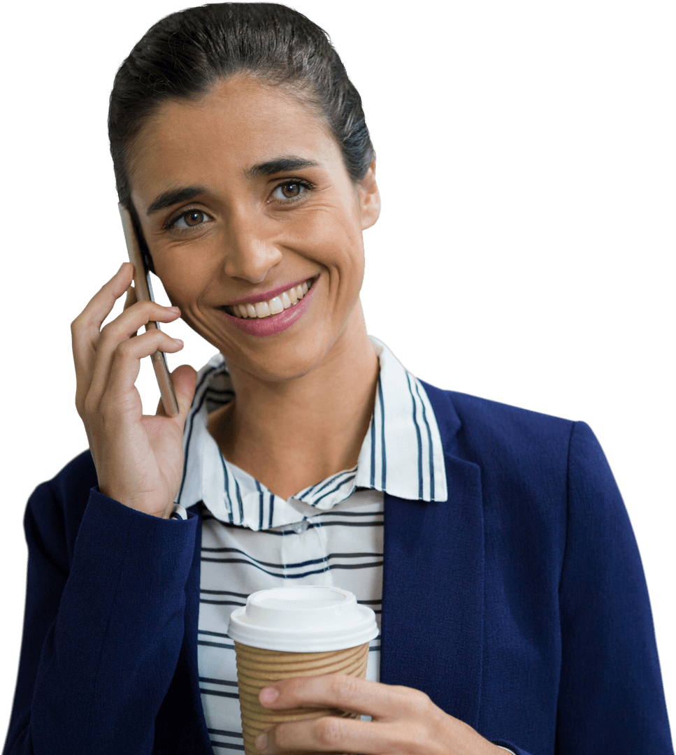 Smiling Businesswoman Talking on Mobile Phone With Coffee