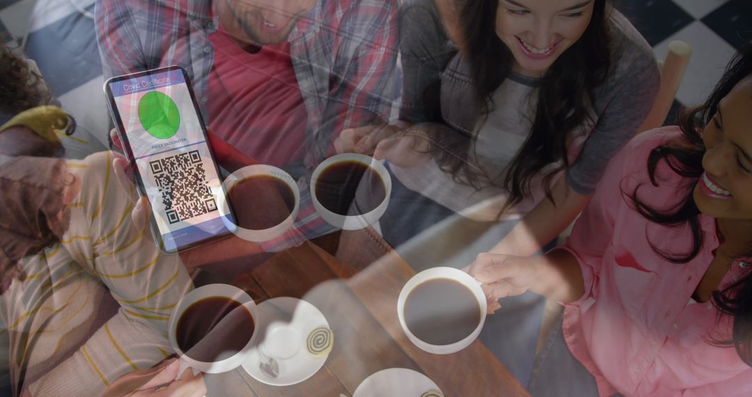 Friends Sharing Coffee Displaying Mobile QR Health Pass