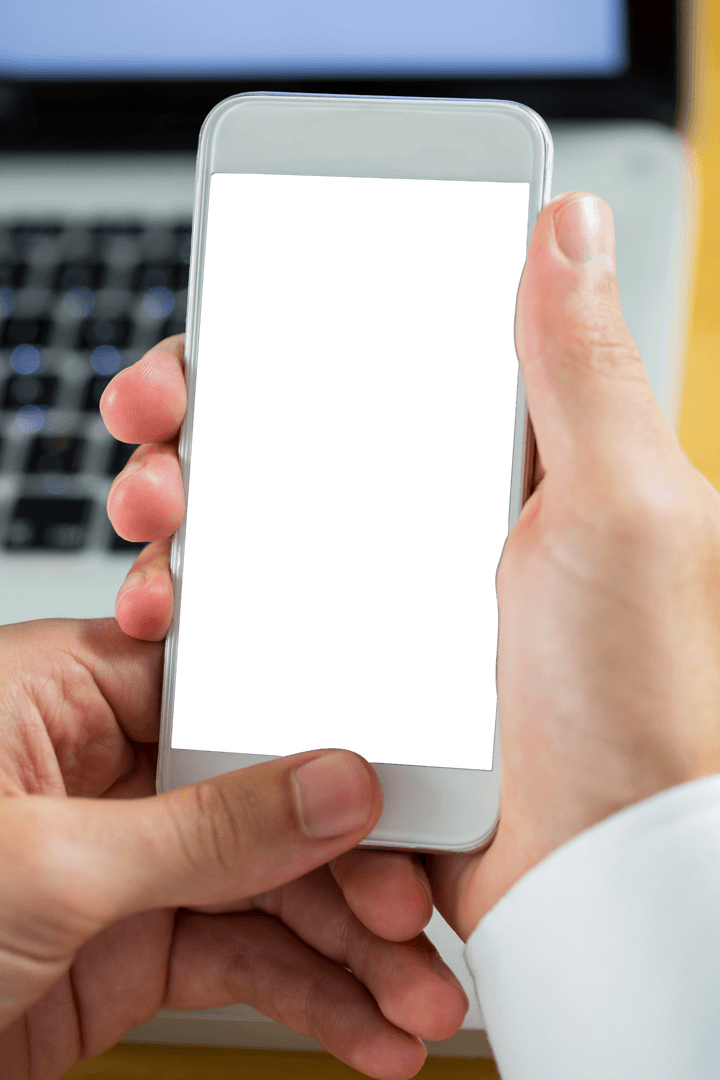 Caucasian Male Hands Holding Smartphone with Transparent Screen