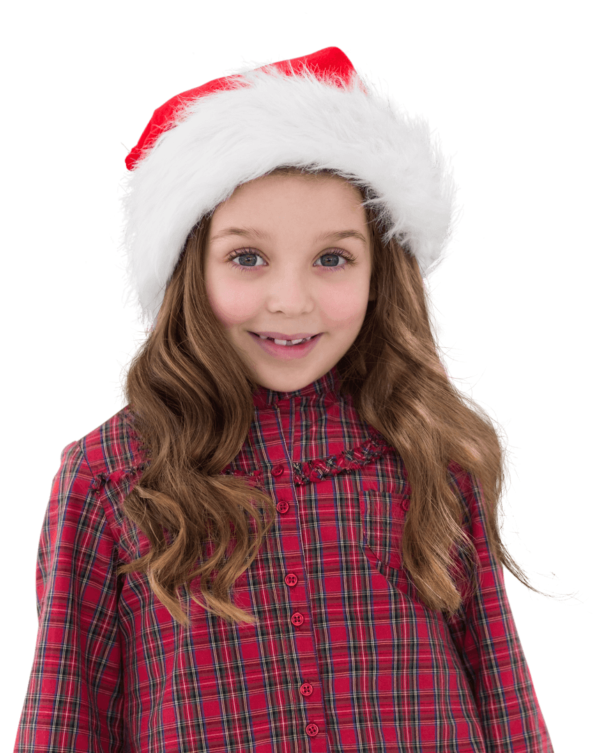 Smiling Girl in Santa Hat with Checkered Shirt on Transparent Background