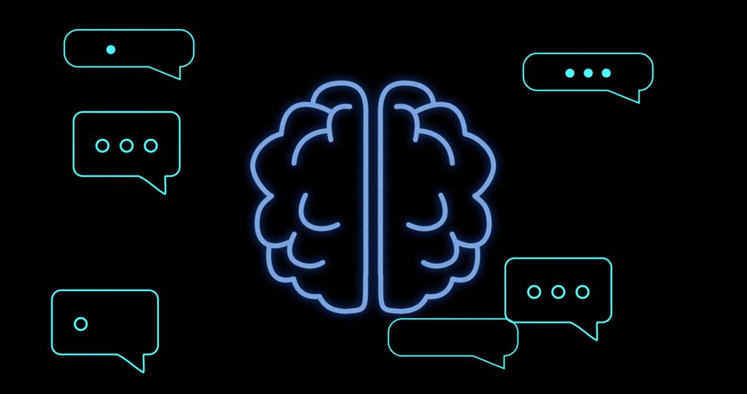 Neon Brain Symbol with Chat Bubbles on Black