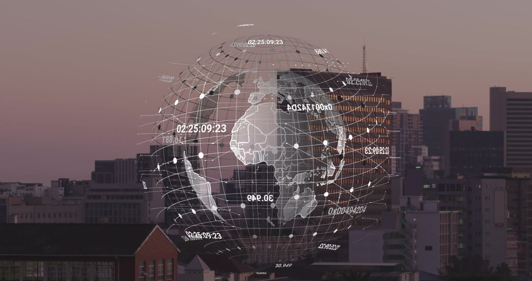 Digital Globe Overlay Highlighting Global Connectivity Across Cityscape