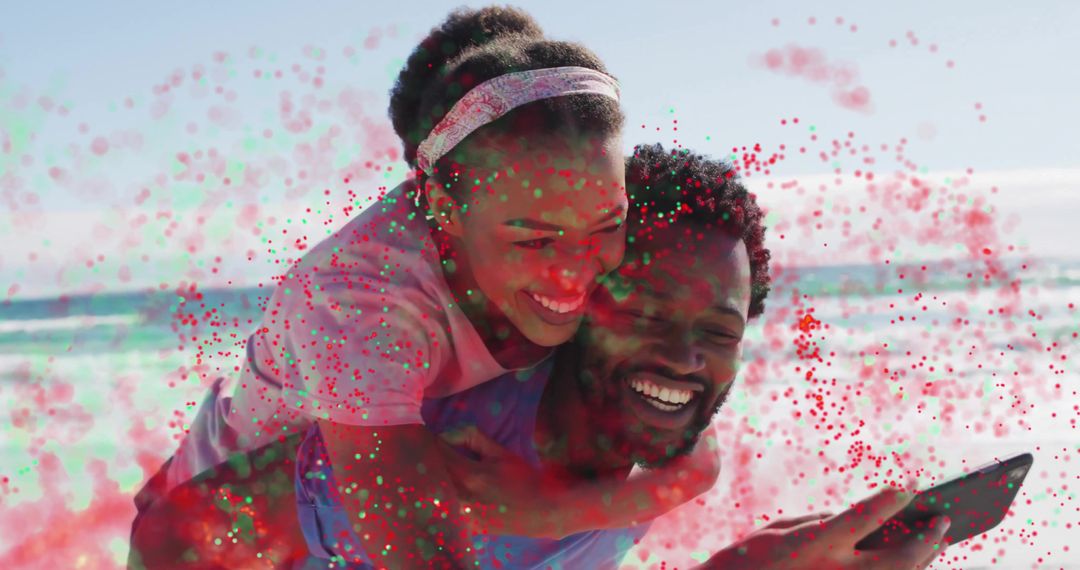 Couple Enjoying Beach with Smartphone and Vivid Digital Overlay