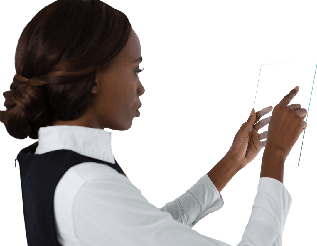 Businesswoman Engaging with Transparent Digital Tablet Interface