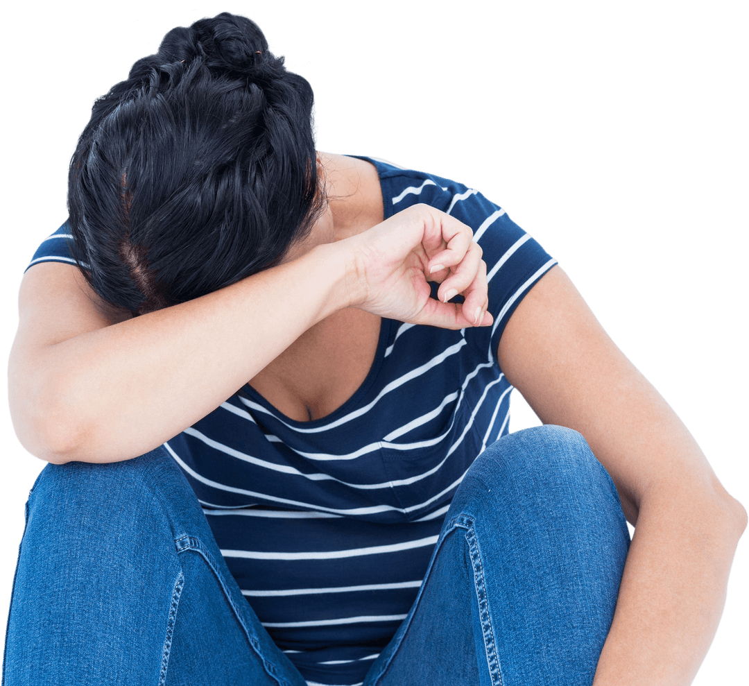 Caucasian Woman Enveloping Face Pose on Transparent Chaos Canvas