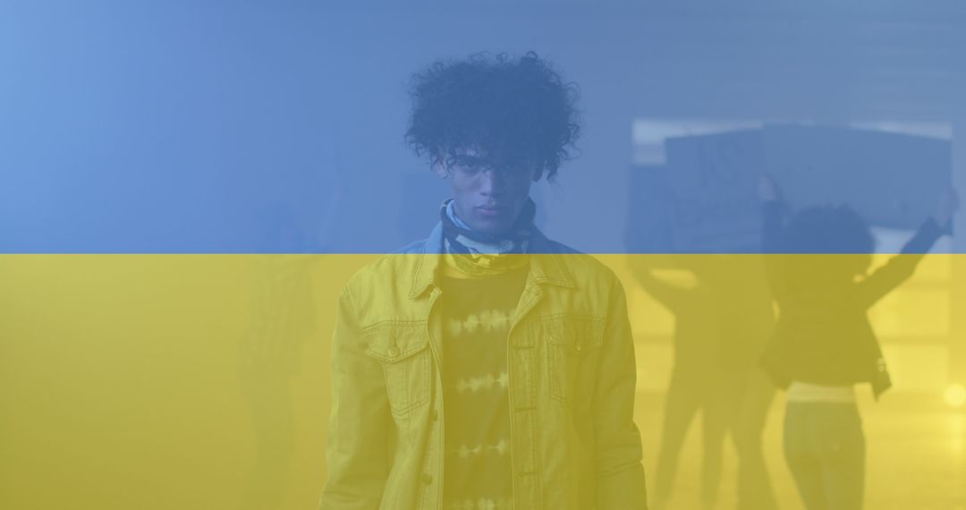 Ukrainian Flag Overlaid on Determined Protester Demonstrating