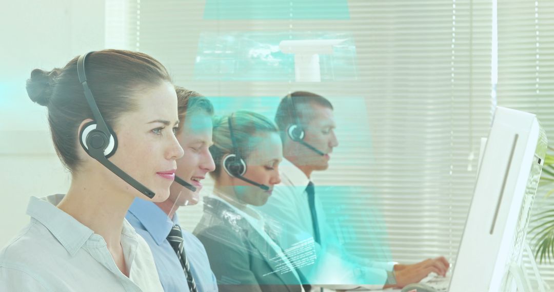 Team Collaborating in Modern Call Center with Digital Interface