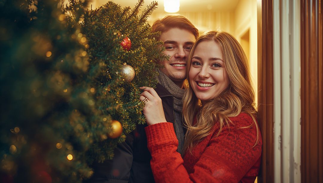 Smiling Couple Celebrating Christmas Holding Decorated Tree
