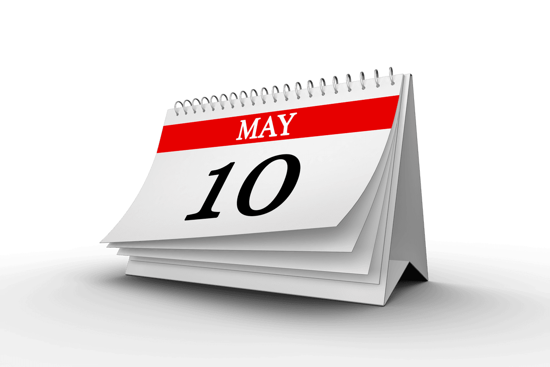 Calendar Page Highlighting May 10th on Transparent Background
