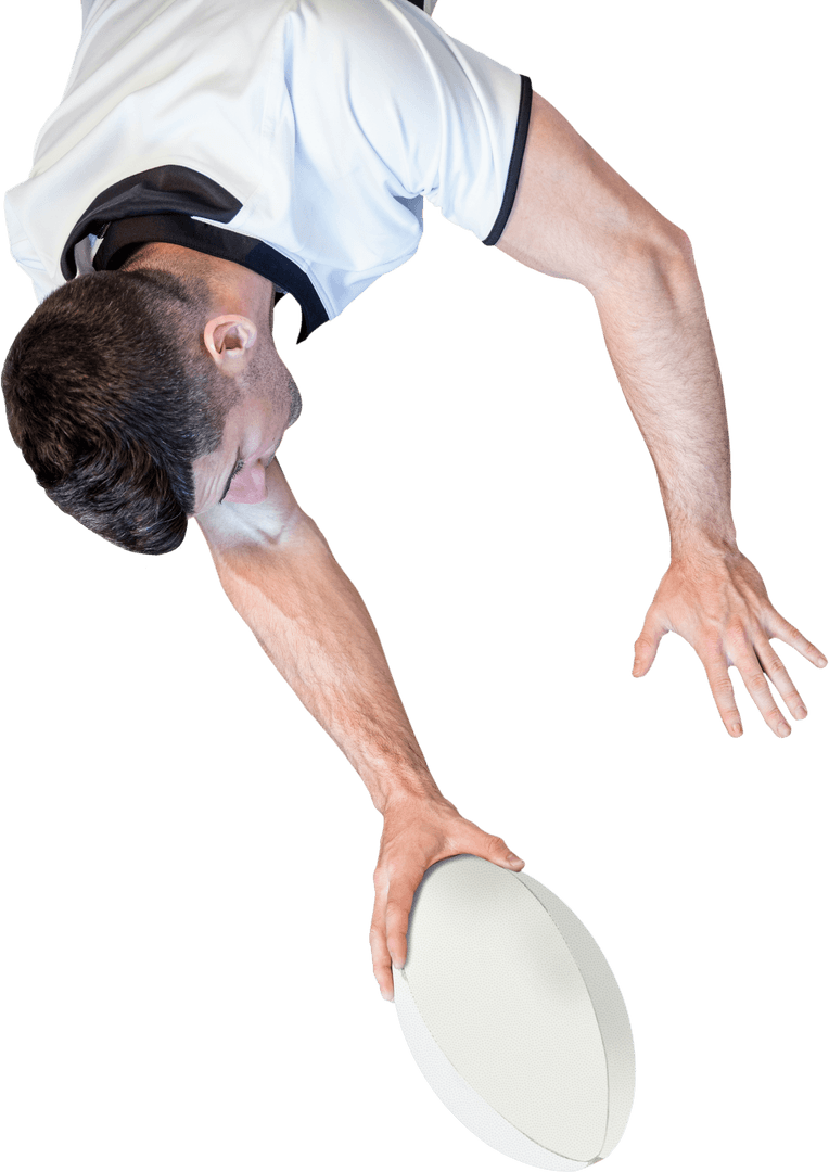 Rugby Player Holding Ball with Passion on Grass Transparent Background