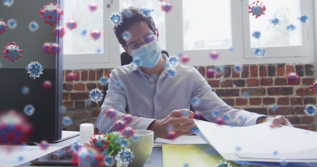 Businessman Wearing Mask Analyzing Documents with Virtual Viruses