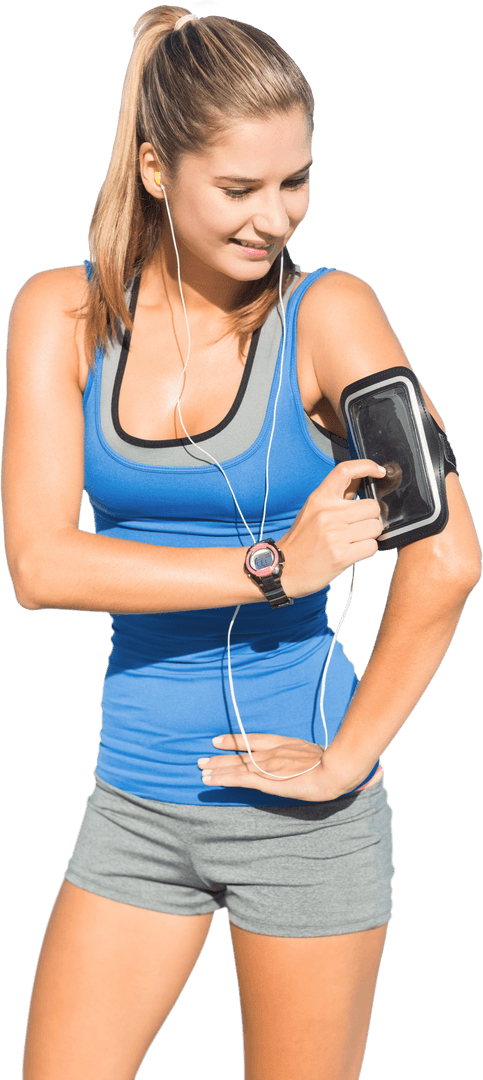 Smiling Woman with Smartphone Exercising on Transparent Background