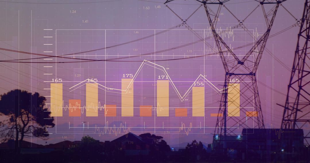High-Voltage Tower Against Dusk with Financial Data Overlay