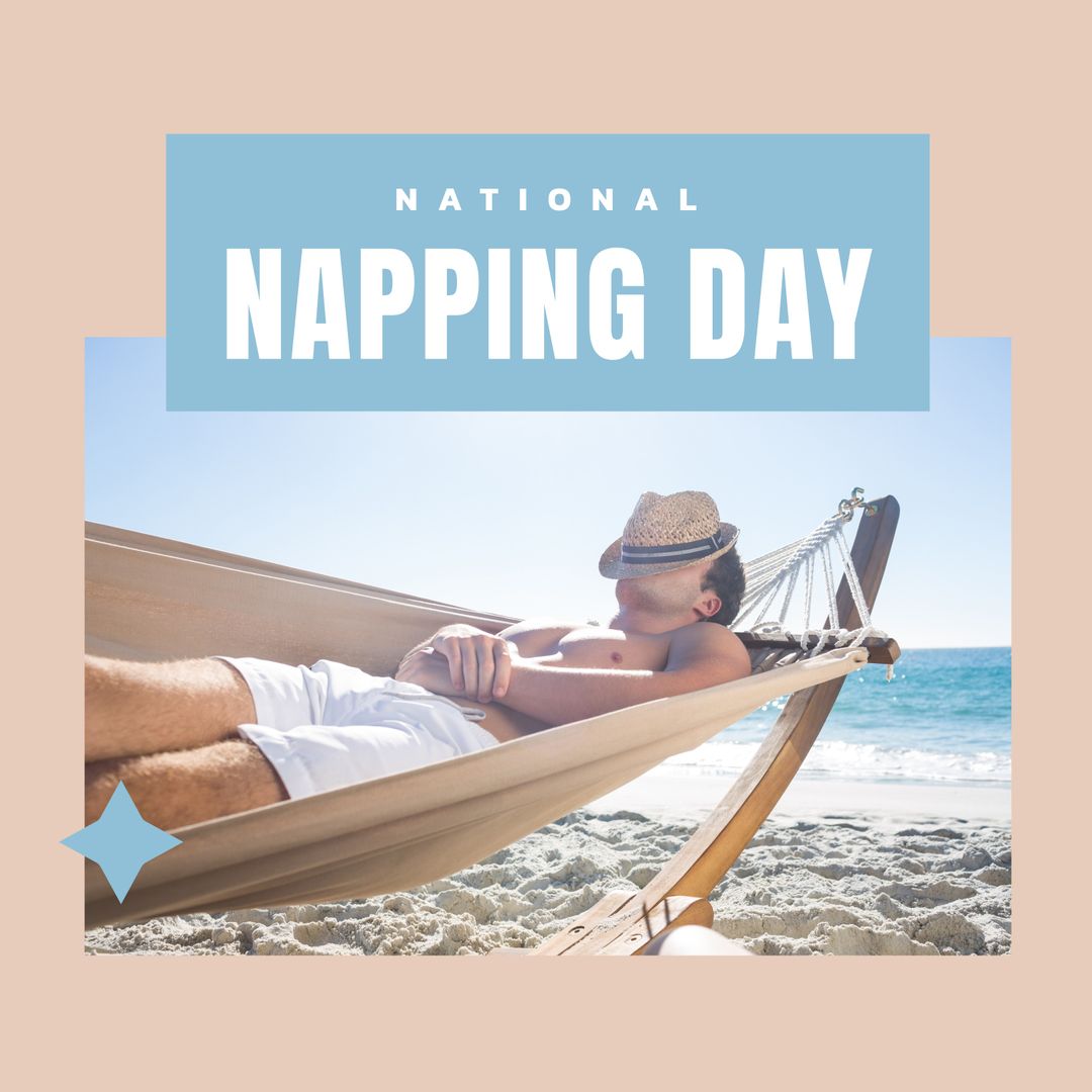 Man Relaxing in Hammock on National Napping Day at Beach