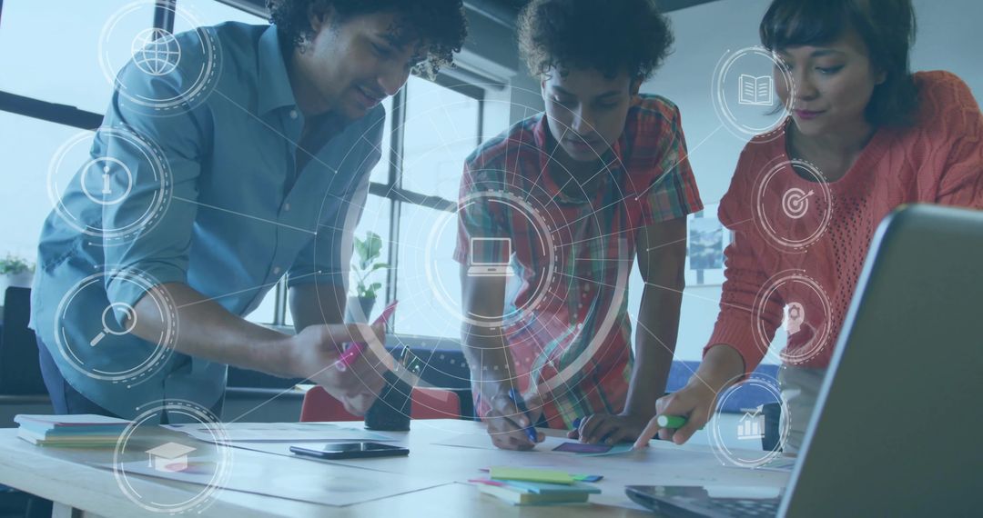 Diverse Team Collaborating Using Innovative Digital Tools in Modern Office