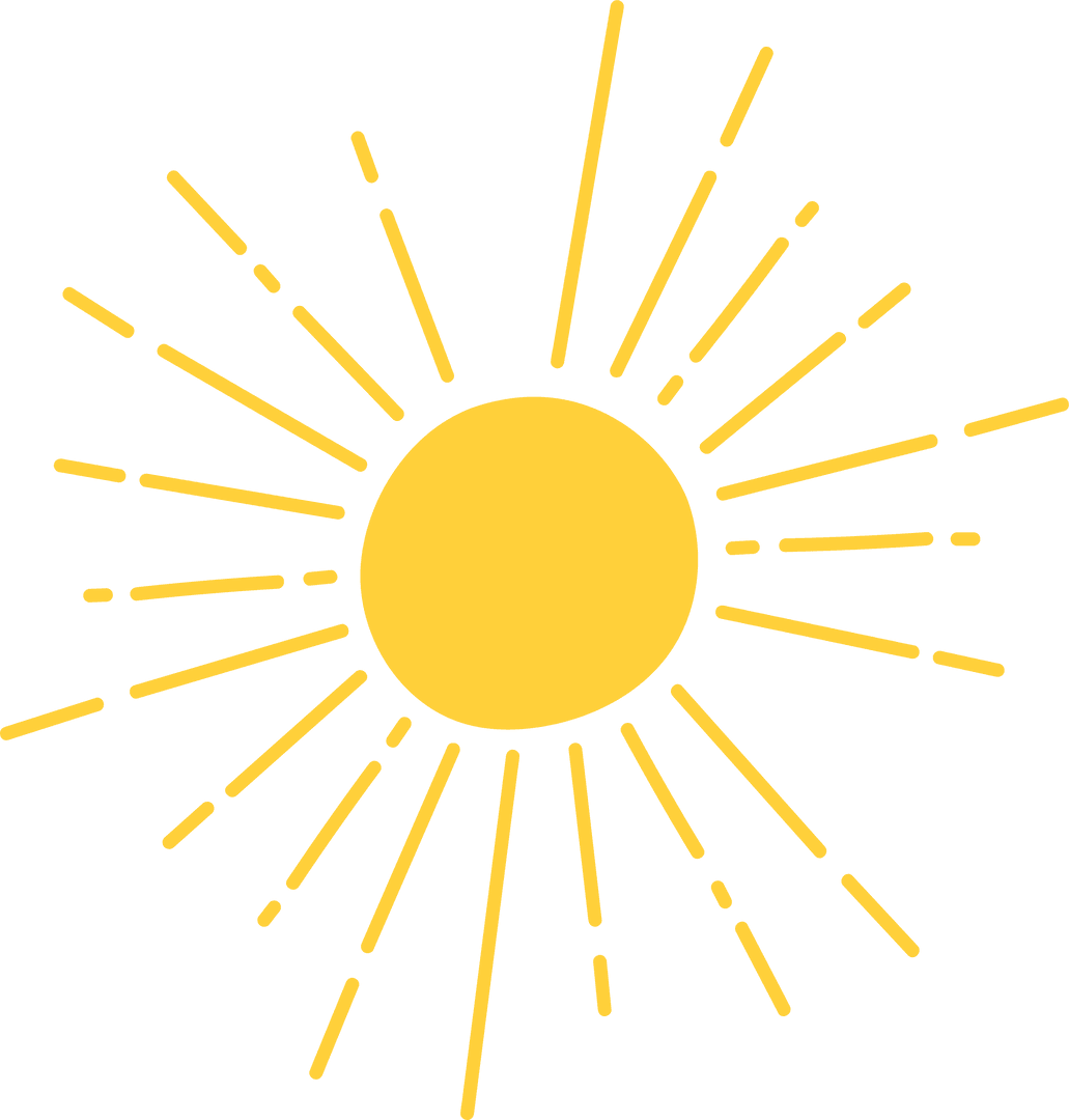 Yellow Sun with Radiating Rays Symbol on Transparent Background