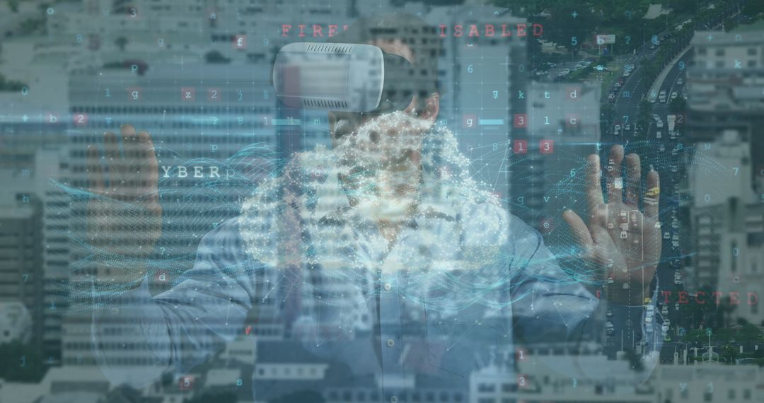 Businessman with VR Headset Exploring Digital Data in Urban Landscape