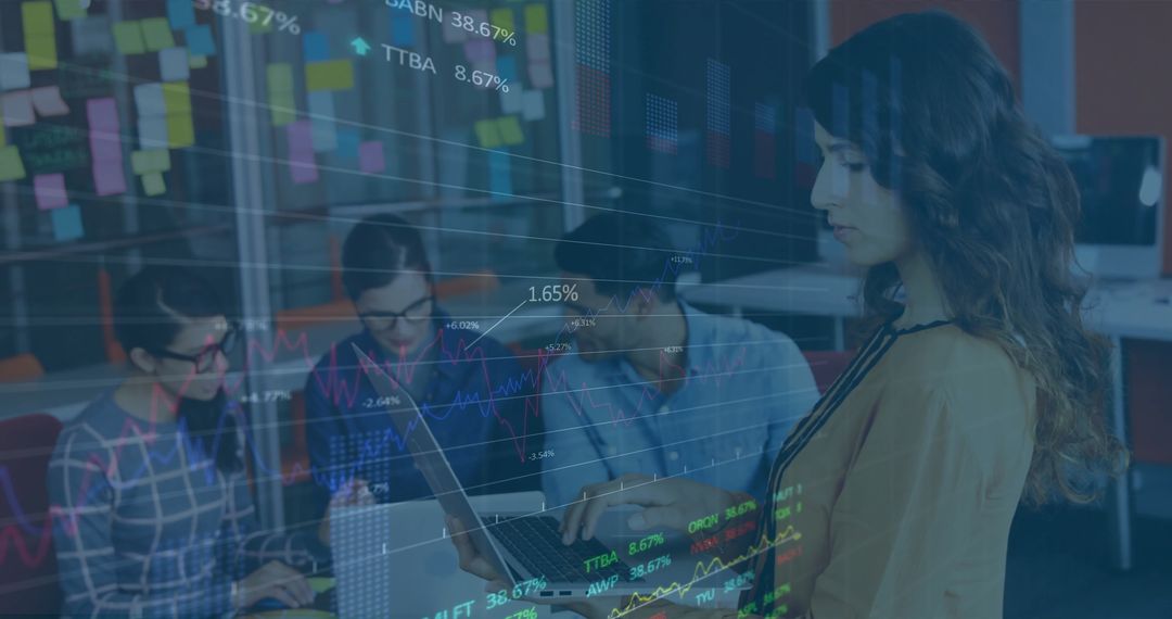 Diverse Team Collaborating on Financial Data with Digital Interface