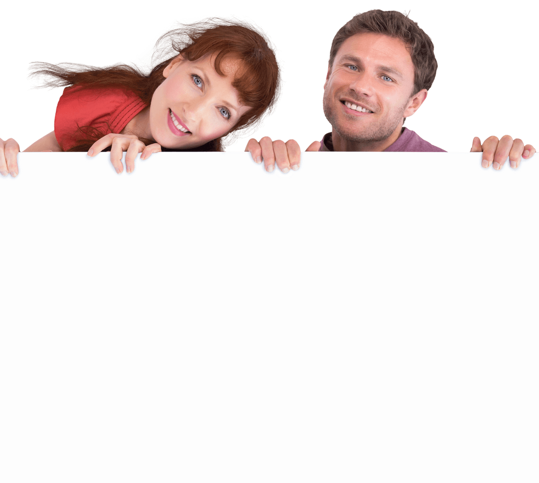 Cheerful Couple Peeking Over Transparent Banner with Smiling Faces