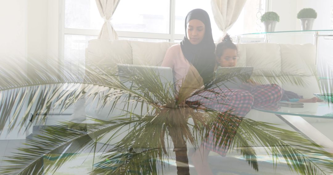 Mother and Daughter Using Laptops, Digital Double Exposure, Nature