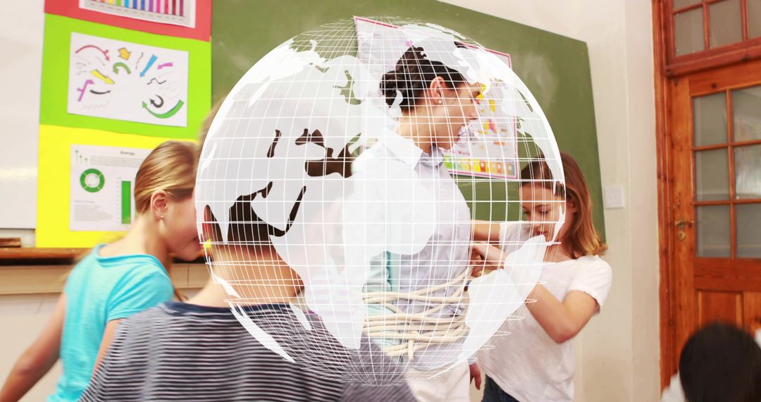 Pointing teacher guiding students in classroom with colorful charts and teamwork