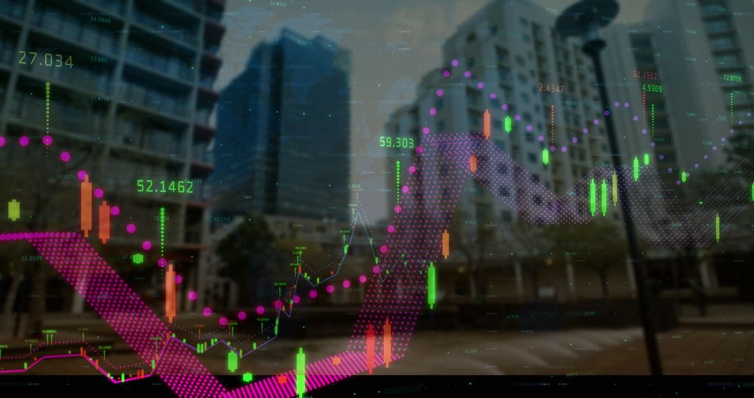 Digital Financial Graphs Overlaying Urban Cityscape