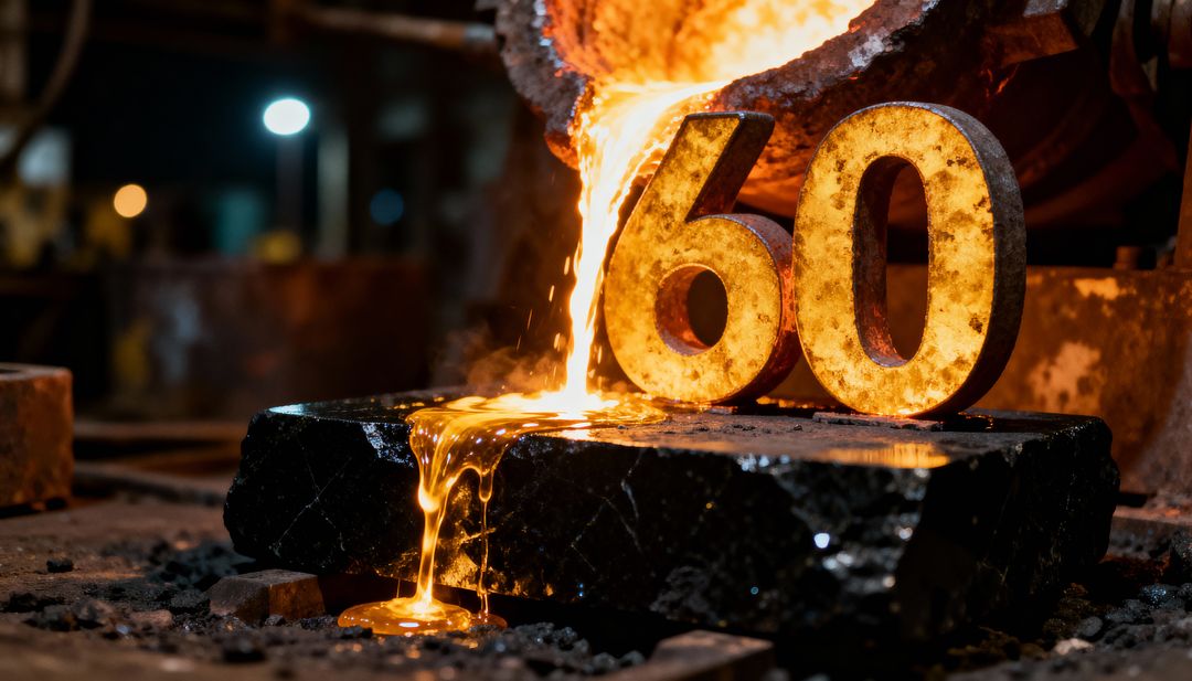 Molten Metal Pouring Over Rusted Numerals 60 in Industrial Foundry, Casting Glow and Sparks