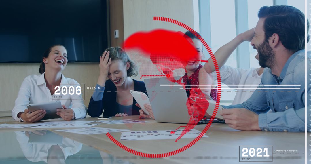 Business Team Laughing with Digital Global Interface Overlay