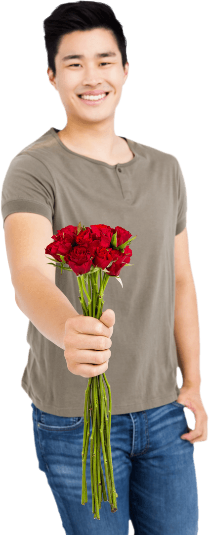 Transparent Young Man Holding Aromatic Red Roses Smiling