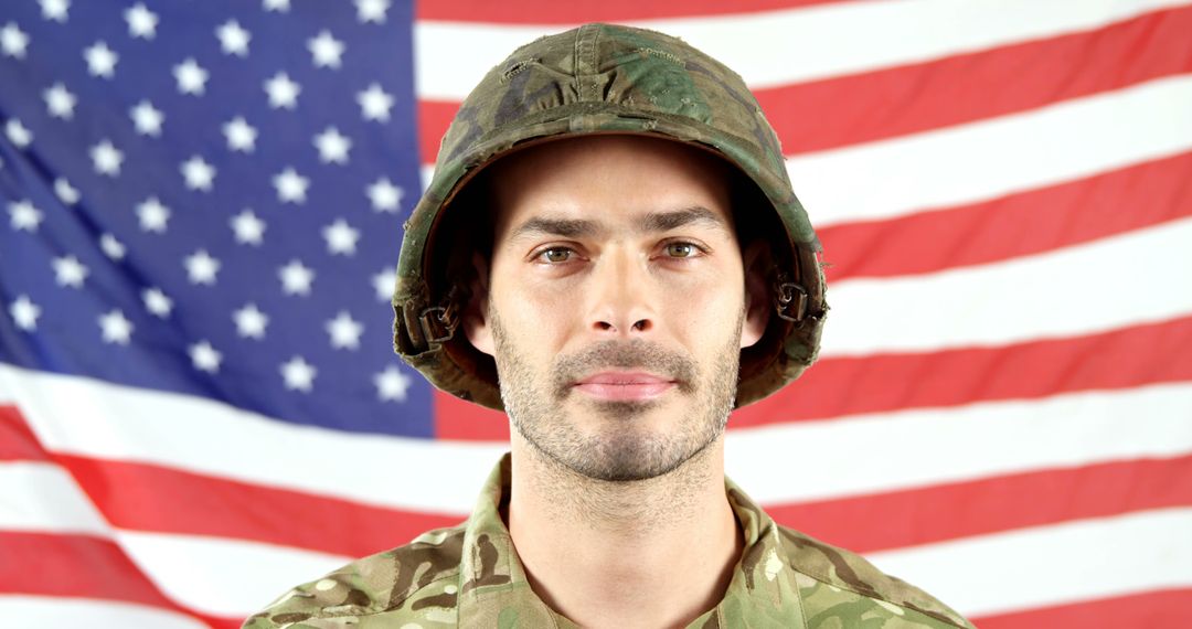 Proud Military Soldier in Front of American Flag - Free Images, Stock Photos and Pictures on Pikwizard.com