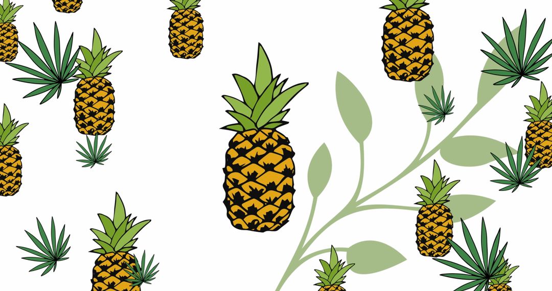 Tropical Pineapples and Leaves Pattern on White Background