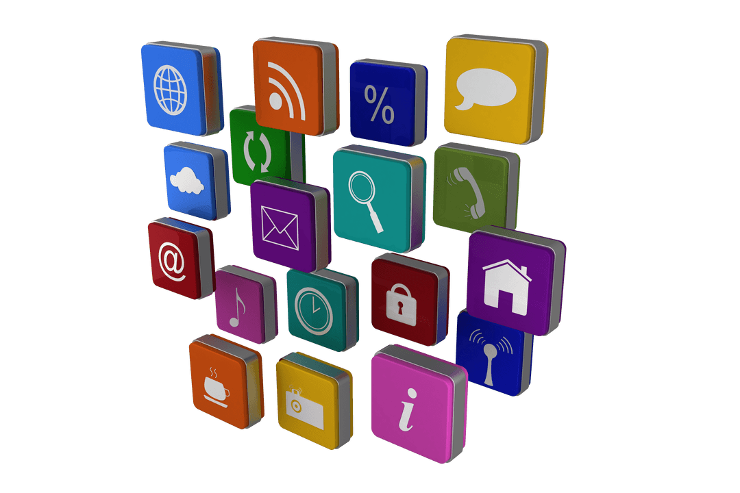 Colorful 3D Icons on Transparent Background Highlighting Security and Communication