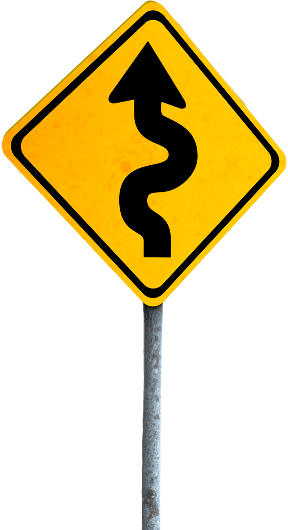 Yellow Curved Arrow Traffic Sign on Transparent Background