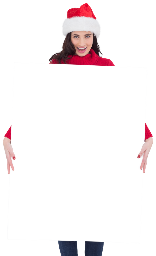 Brunette Woman in Santa Hat Holding Transparent White Poster - Download Free Stock Images Pikwizard.com