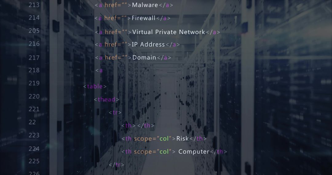 Data Center with HTML Code Overlay Illustrating Cybersecurity Concepts