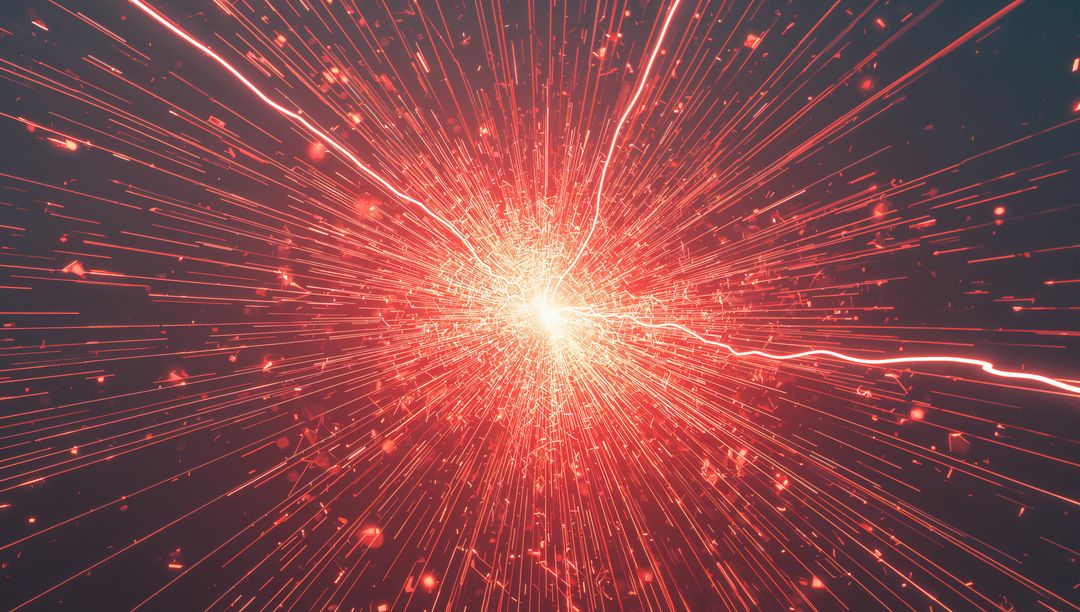 Red Energy Core Radiating Particle Burst with Neon Light Streaks and Electric Arcs