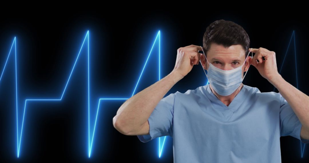 Doctor Wearing Mask with Digital Heartbeat in Background