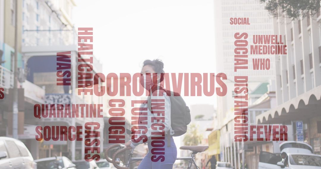 Woman in Face Mask with COVID-19 Awareness Messages in Urban Environment