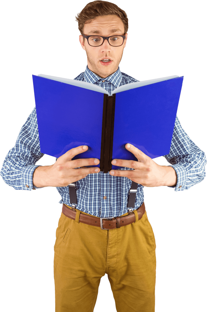 Young Nerdy Man Reading Book with Surprised Expression Transparent