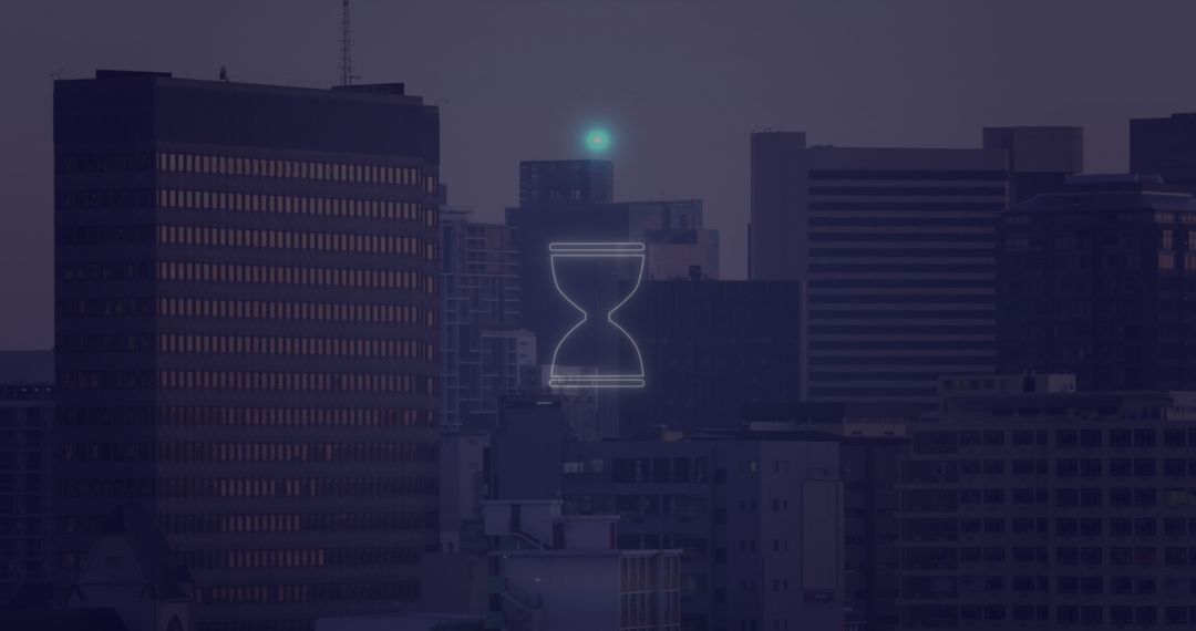 Neon Hourglass with Skyline and Market Data Background