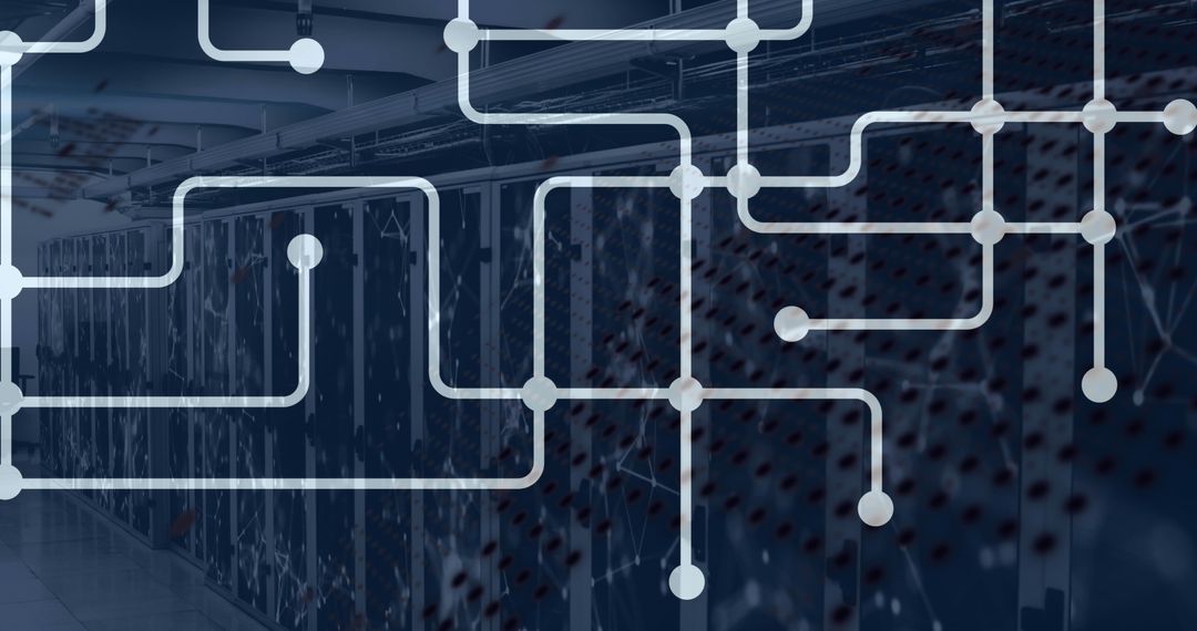 Futuristic Network Circuitry Overlaid on Server Room Interior