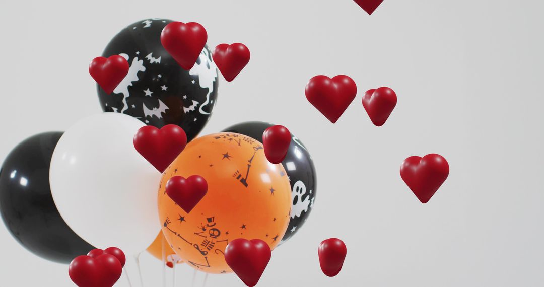Floating Halloween Balloons with Red Hearts and Skull Prints on Minimal Gray Backdrop