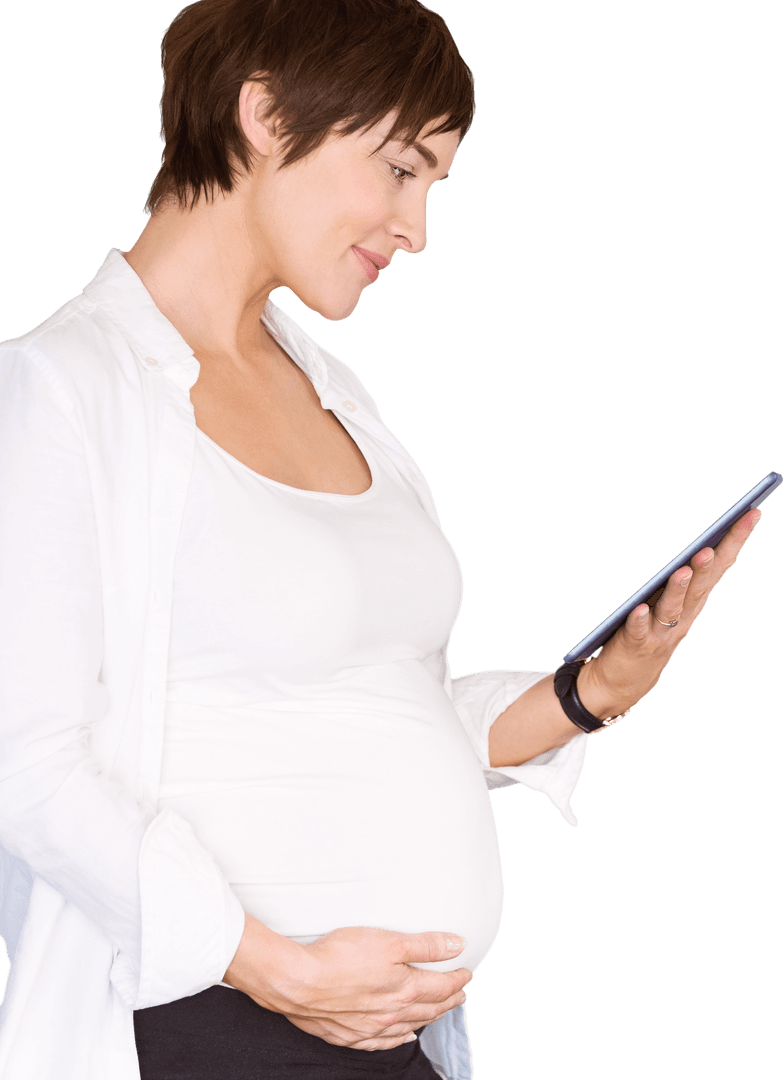 Smiling Pregnant Woman Interacting with Digital Tablet on Transparent Background