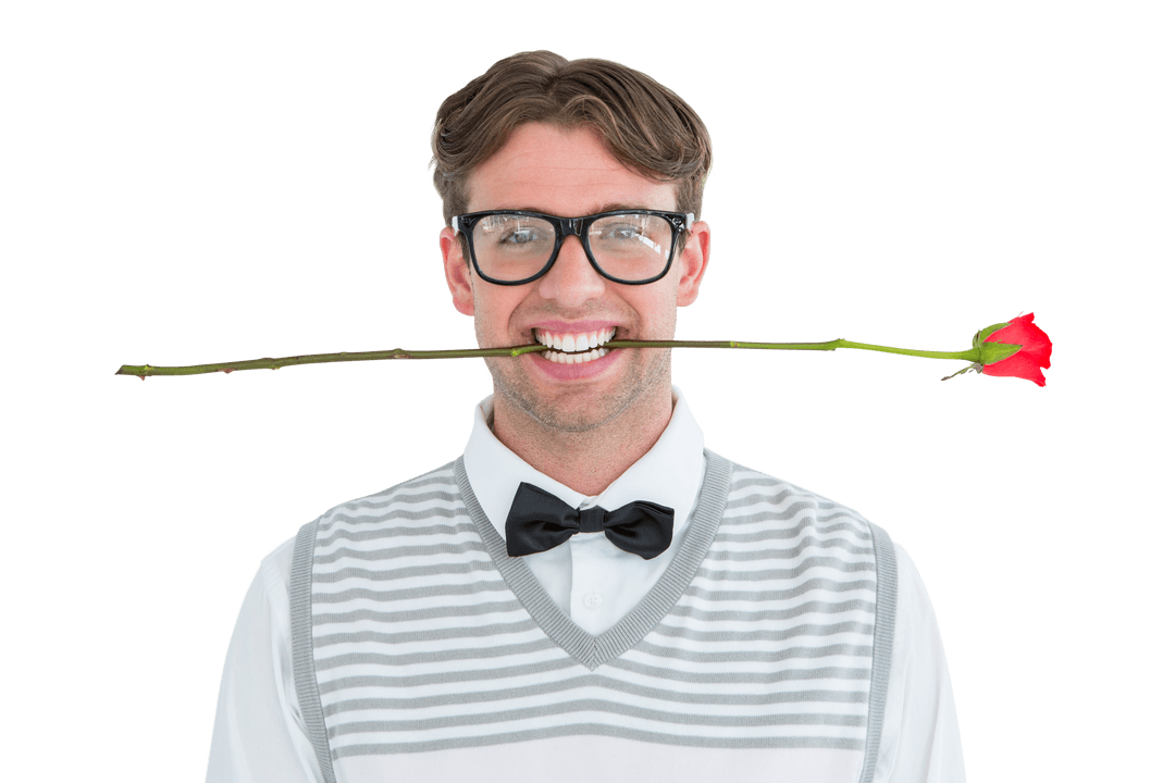 Transparent Background Nerd with Red Rose Smiling Playfully
