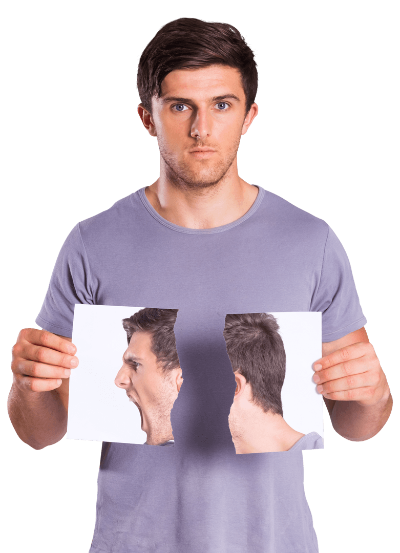 Caucasian Man Holding Torn Paper with Transparent Background